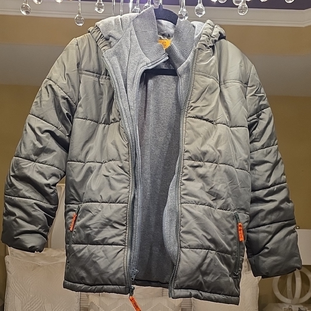 Class Club Kids Olive and Gray Puffer Jacket with Tangerine Accents EUC 14/16